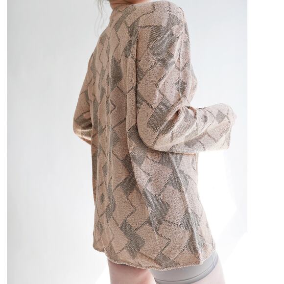 slinky knit blouse | funky y2k vintage chevron knit neutral collared L - Picture 11 of 16